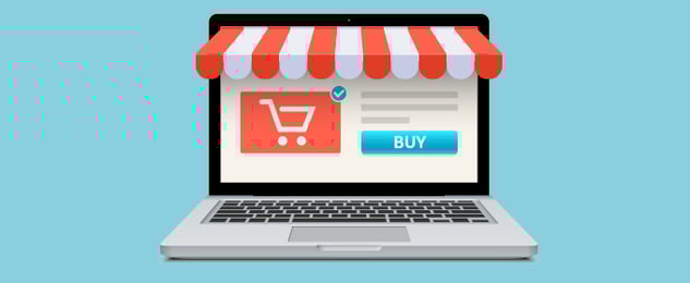 Ein Laptop, auf dessen Bildschirm die Produktseite eines Online-Shop geöffnet ist.