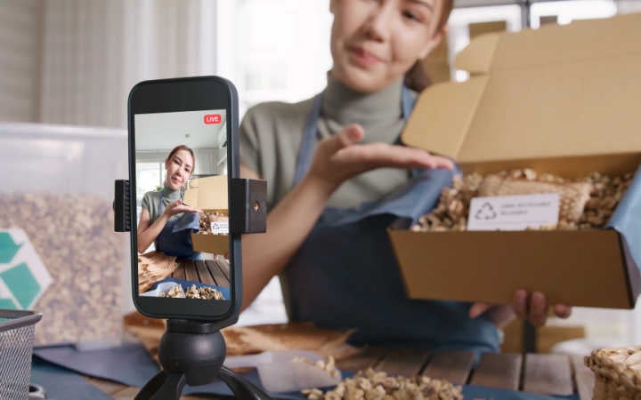 Eine Influencerin nimmt ein Unboxing-Video auf.